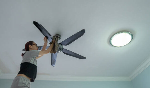 A person replacing the halogen light bulb in a Roto F ceiling fan.