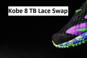 Close-up of a Kobe 8 TB sneaker with vibrant laces.