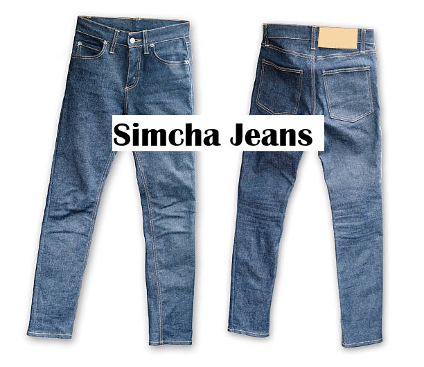 A pair of stylish blue simcha jeans displayed with casual outfit styling.